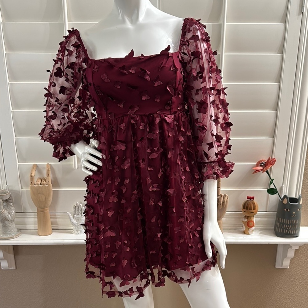 Thirty/Thirty Burgundy Butterfly Appliqué Mini Dress